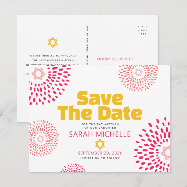 Pink Bat Mitzvah Save the Date Moderne Sternexplos Einladungspostkarte (Vorne/Hinten)