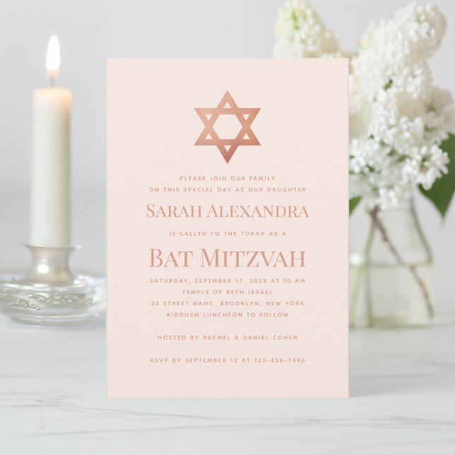 Pink Bat Mitzvah Simple  Rose Gold Star of David  Einladung (Von Creator hochgeladen)