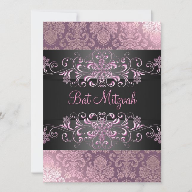 Pink Bat Mitzvah Snow & Damask Birthday Einladung (Vorderseite)