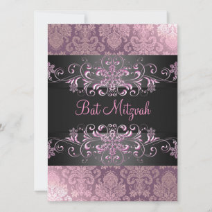Pink Bat Mitzvah Snow & Damask Birthday Einladung