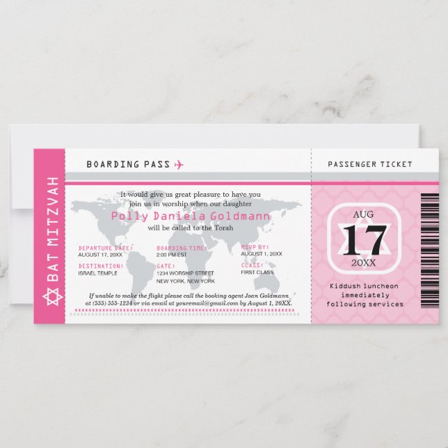 Pink Bat Mitzvah World Traveller Boarding Pass Einladung (Vorderseite)