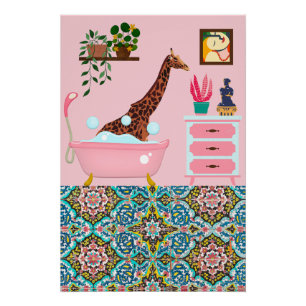 Pink Bathing Giraffe Wall Art Print Poster