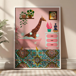 Pink Bathing Giraffe Wall Art Print Poster