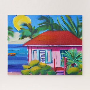 Pink Beach House Tropical Art Puzzle