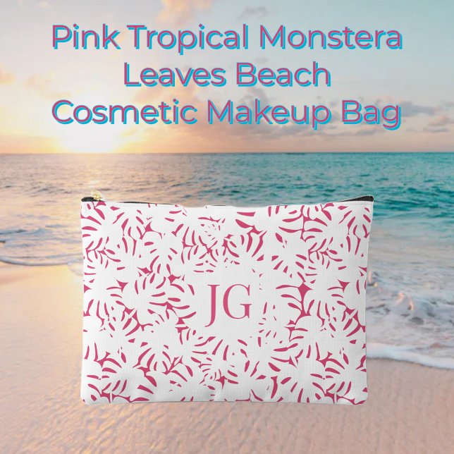 Pink Beach Monstera Tropische Blätter Zubehör Pou Zubehörtasche (Pink Tropical Monstera Leaves Beach Cosmetic Makeup Bag, Travel Pouch, Hawaiian)