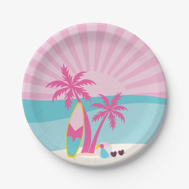 Pink Beach Palm Birthday Pappteller (Vorderseite)