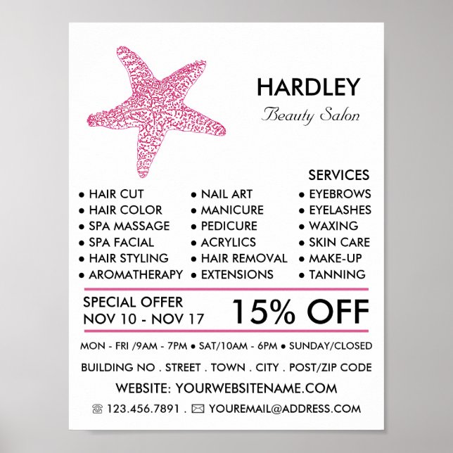 Pink Beach Starfish, Beautician, Schönheitssalon Poster (Vorne)