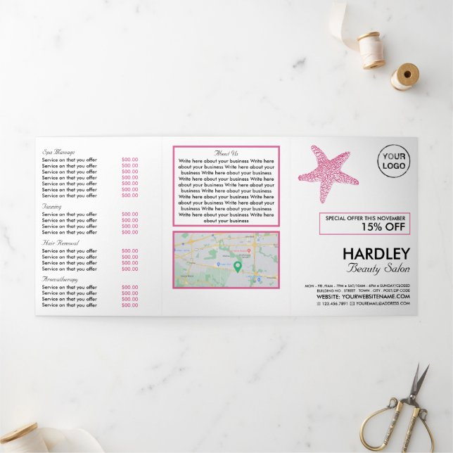 Pink Beach Starfish, Beauty Salon Tri-Fold Flyer Dreifach Gefaltete Einladung (Außenbereich)