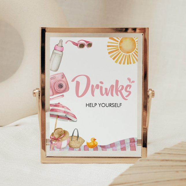 Pink Beach Summer Baby Dusche Drinks Poster (Splish Splash Baby Shower Drinks Sign)
