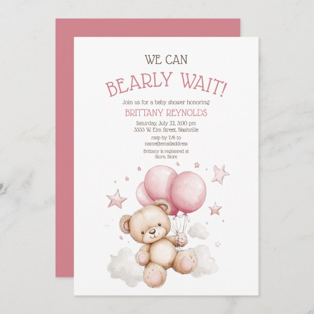 Pink Bear Baby Dusche abwarten Einladung (Vorne/Hinten)
