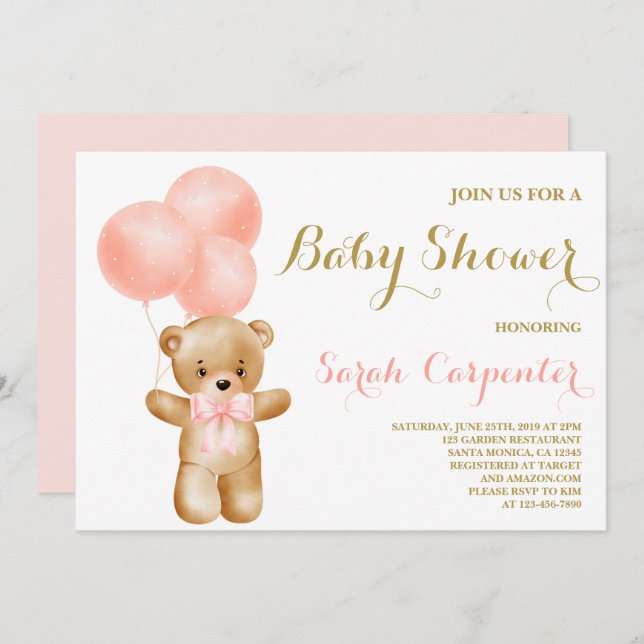 Pink Bear Baby Dusche Einladung (Vorne/Hinten)