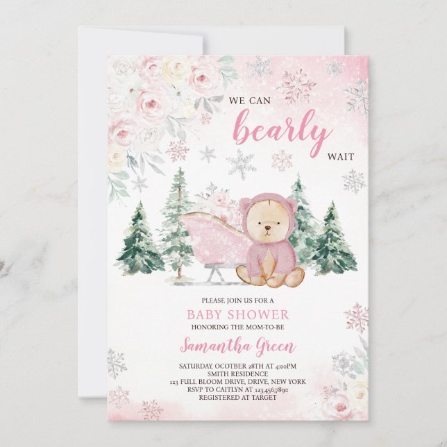Pink Bear Baby Dusche Einladung (Vorderseite)