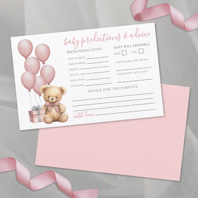 Pink Bear Baby Shower Ratschläge Karte (Baby Shower Advice Predictions Card)