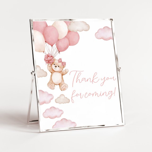 Pink Bear Ballon Barly Wait Danke für das Kommen Poster (Pink Baby Bear Balloon Baby Shower Thank you for Coming Sign)