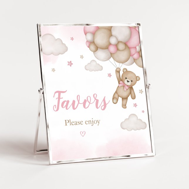 Pink Bear Balloon Baby Duschfavoriten Poster (Girl Bear Baby Shower Favors Sign)