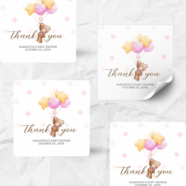 Pink Bear Balloon Babydusche Quadratischer Aufkleber (Girl We Can Bearly Wait Balloon Baby Shower Sticker)