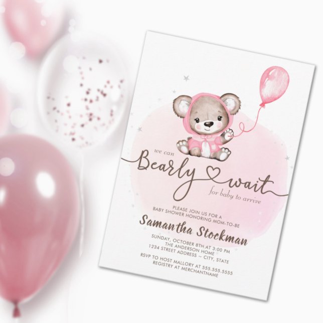 Pink Bear Bear Bearly Wait Baby Dusche Einladung (Von Creator hochgeladen)