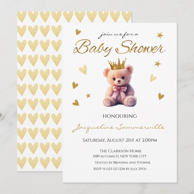 Pink Bear Crown Gold Crown Baby Dusche Es ist ein  Einladung (Vorne/Hinten)