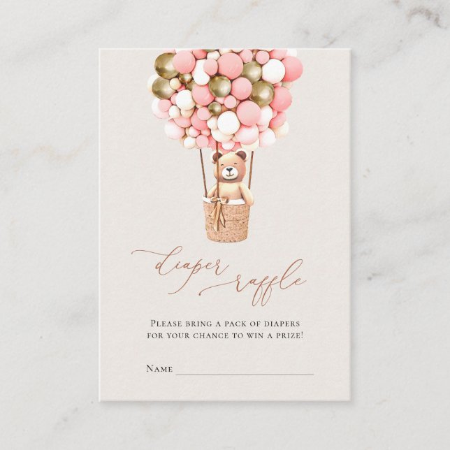 Pink Bear Girl Balloons Diaper Raffel Tickets Begleitkarte (Vorderseite)