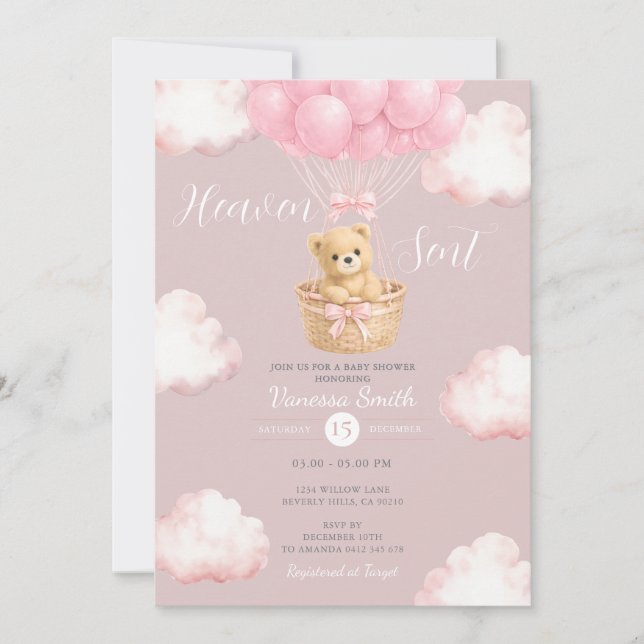 Pink Bear Heaven Sent Balloon Baby Shower Invite Einladung (Vorderseite)