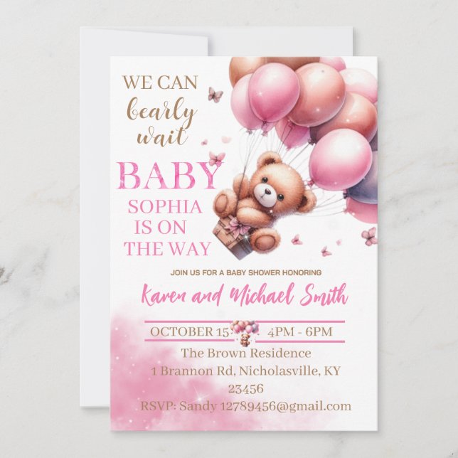 Pink Bear Hot Air Ballon Babydusche Set Invitati Einladung (Vorderseite)