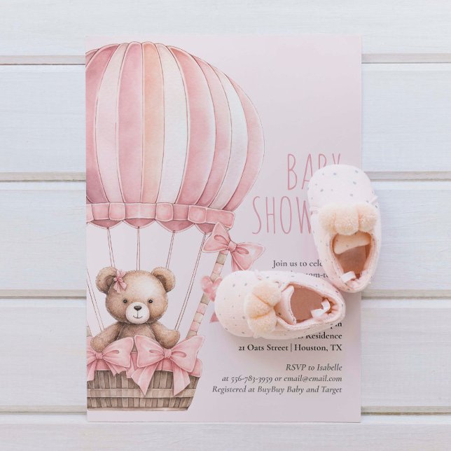 Pink Bear in Balloon Baby Shower Girl Einladung (Pink Bear in Balloon Baby Shower Girl Invitation)