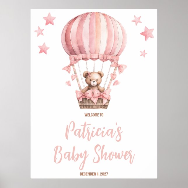 Pink Bear in Hot Air Ballon Baby Dusche Willkommen Poster (Vorne)