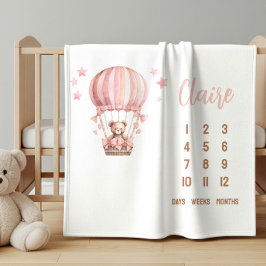 Pink Bear in Hot Air Ballon Baby Milestone Fleecedecke