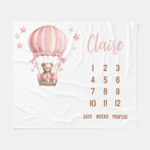 Pink Bear in Hot Air Ballon Baby Milestone Fleecedecke