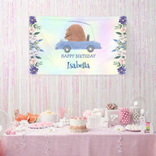 Pink Bear Race Car Tropical Blume Geburtstagsparty Banner