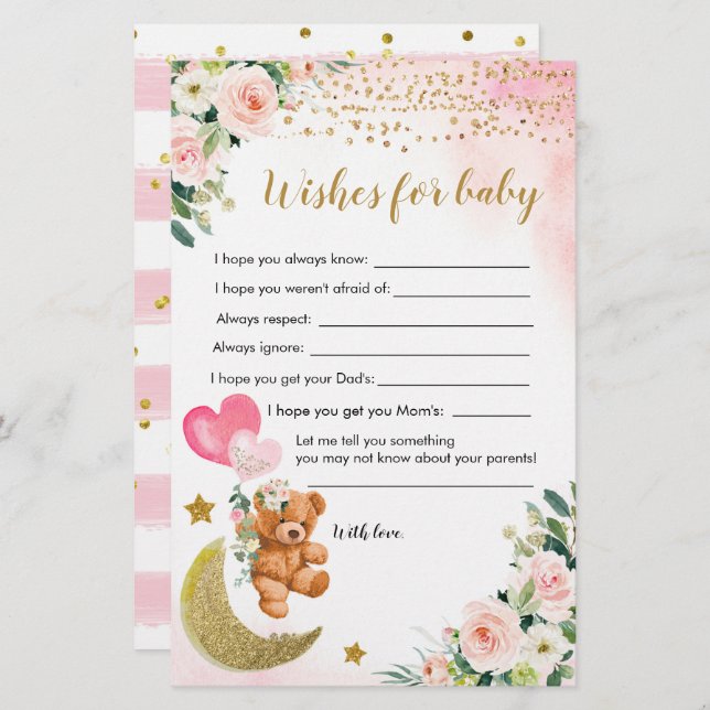 Pink Bearly Baby Dusche Wünsche für Baby (Vorne/Hinten)