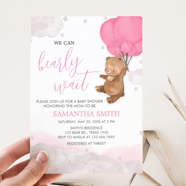 Pink Bearly Wait Baby Dusche Einladung (Pink Bearly Wait Balloon Baby Shower Invitation
)