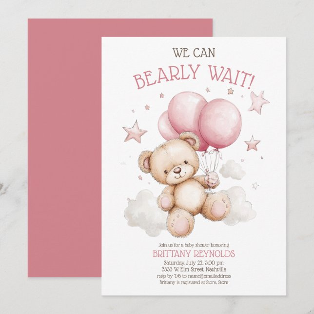 Pink Bearly Wait Bear Baby Dusche Einladung (Vorne/Hinten)