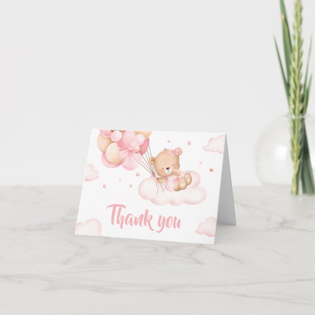 Pink Bearly Wait Clouds Baby Dusche Dankeskarte (Vorderseite)