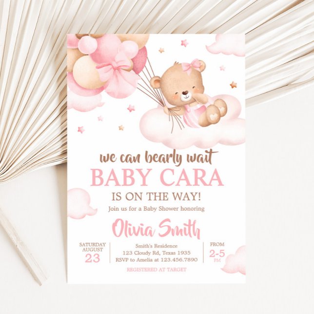 Pink Bearly Wait Clouds Baby Dusche Einladung (Pink Bear Clouds Baby Shower Invitation)