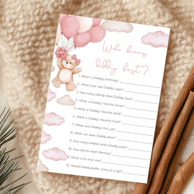 Pink Bearly Wait Wer kennt Daddy am besten Spiel (Girl Bear Balloon Baby Shower Who Knows Daddy Best Game)