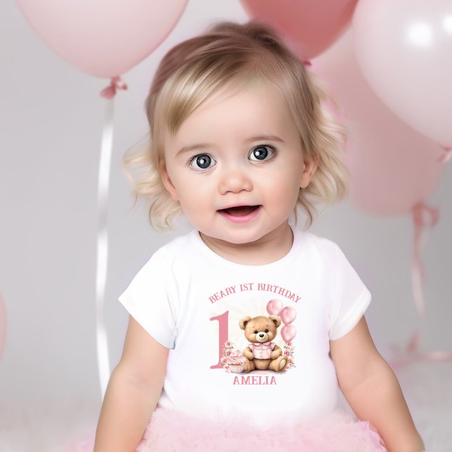 Pink Beary 1. Geburtstag Girl Baby T - Shirt (Pink Beary 1st Birthday Girl Baby T-shirt)