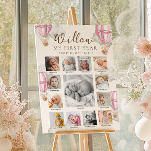 Pink Beary Erste Geburtstags-Foto-Zeitachse Poster