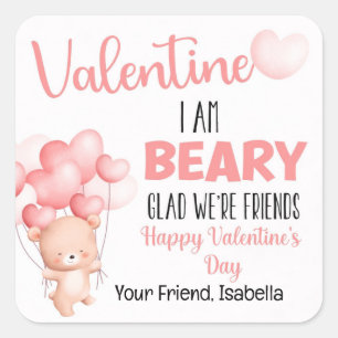 Pink Beary Glad Wir sind Freunde Valentinstag Quadratischer Aufkleber