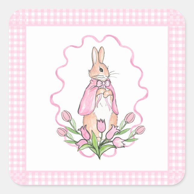 Pink Beatrix Potter Kariertes Tierthema Kinderdusc Quadratischer Aufkleber (Vorderseite)