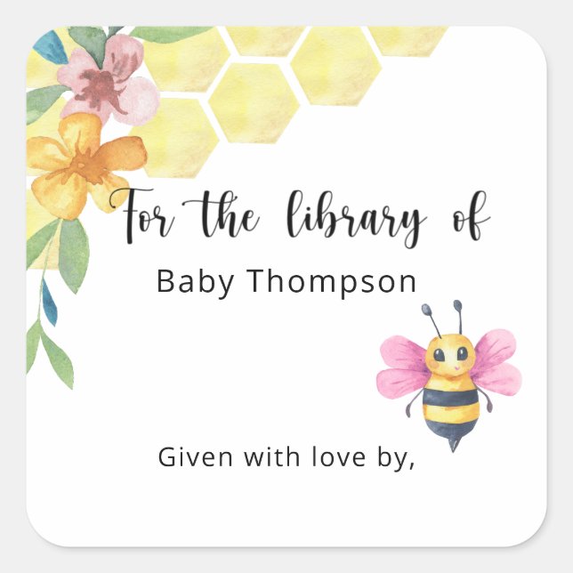 Pink Bee - Baby Shower bookplate, books for baby Quadratischer Aufkleber (Vorderseite)
