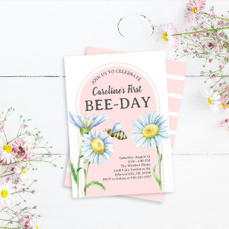 Pink Bee-Day Birthday Invitation with Daisies Einladung