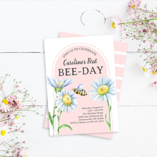 Pink Bee-Day Birthday Invitation with Daisies Einladung (Von Creator hochgeladen)