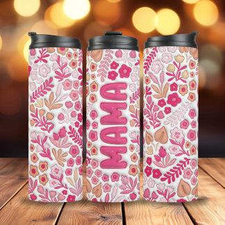 Pink Beige Boho Floral 3D Aufgeblasene Mama Thermosbecher