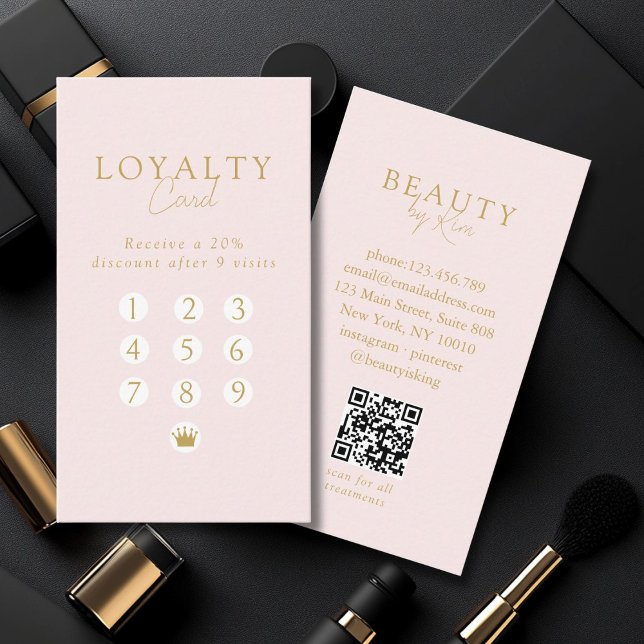 Pink & Beige-Gold  Minimal Salon QR Code Loyalty Visitenkarte (Pink & Beige-Gold Minimal Salon QR Code Loyalty Business Card)