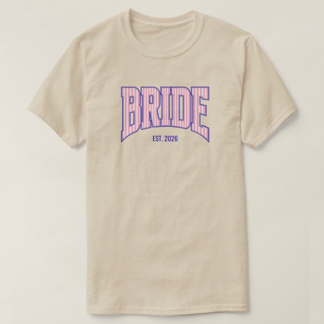 Pink + Beige Stripe Navy Varsity BRIDE T-Shirt (Design vorne)
