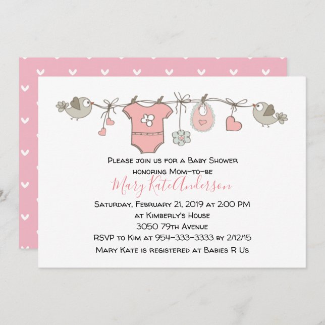 Pink Bekleidung Line Es ist ein Girl BABY SHOWER Einladung (Vorne/Hinten)