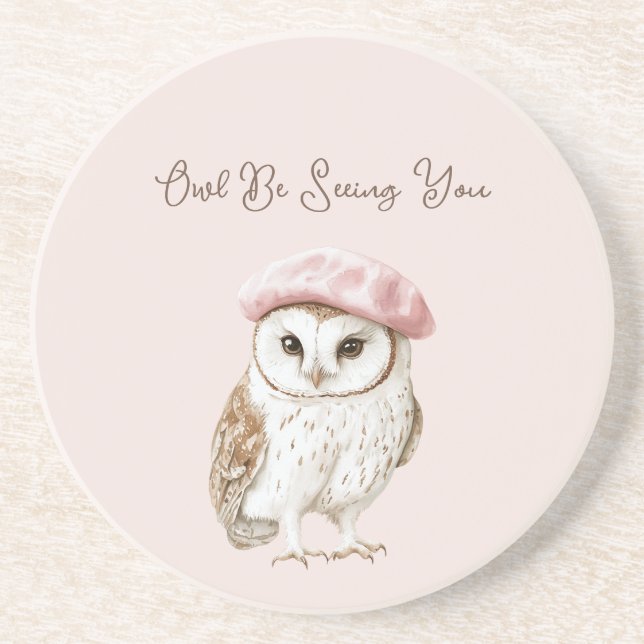 Pink Beret Brown White Owl Be Seeing You Getränkeuntersetzer (Vorne)