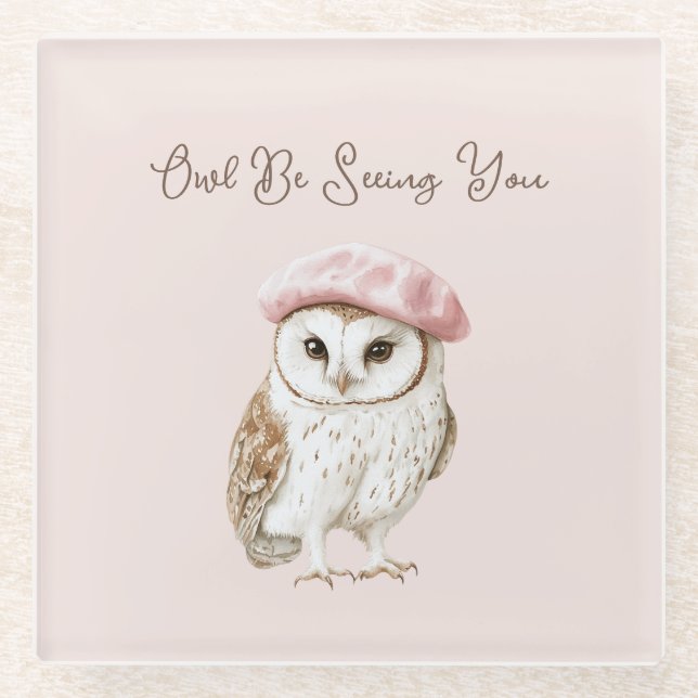 Pink Beret Brown White Owl Be Seeing You Glasuntersetzer (Vorderseite)