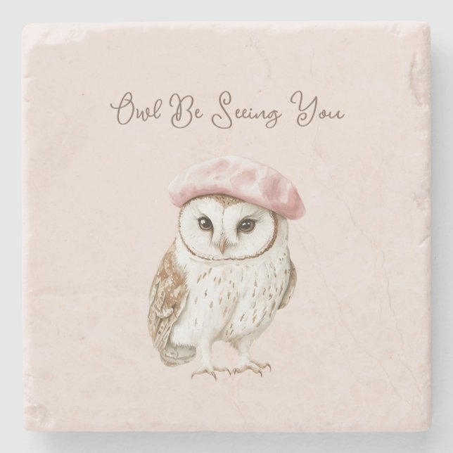 Pink Beret Brown White Owl Be Seeing You Steinuntersetzer (Vorderseite)